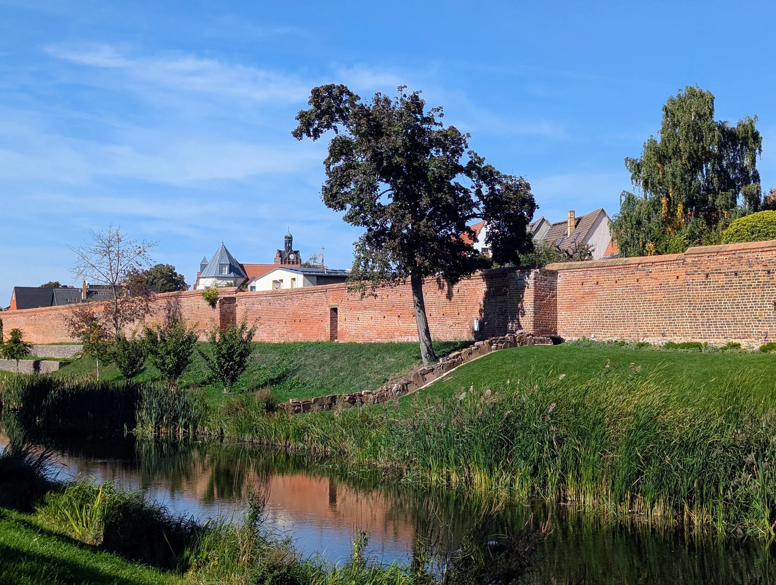 Stadtmauer von Delitzsch mit dem wassergefüllten Wallgraben