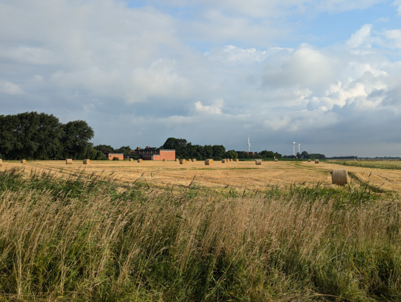 Abgeerntetes Feld mit Strohballen bei Löwenstedt, am Horizont Windräder