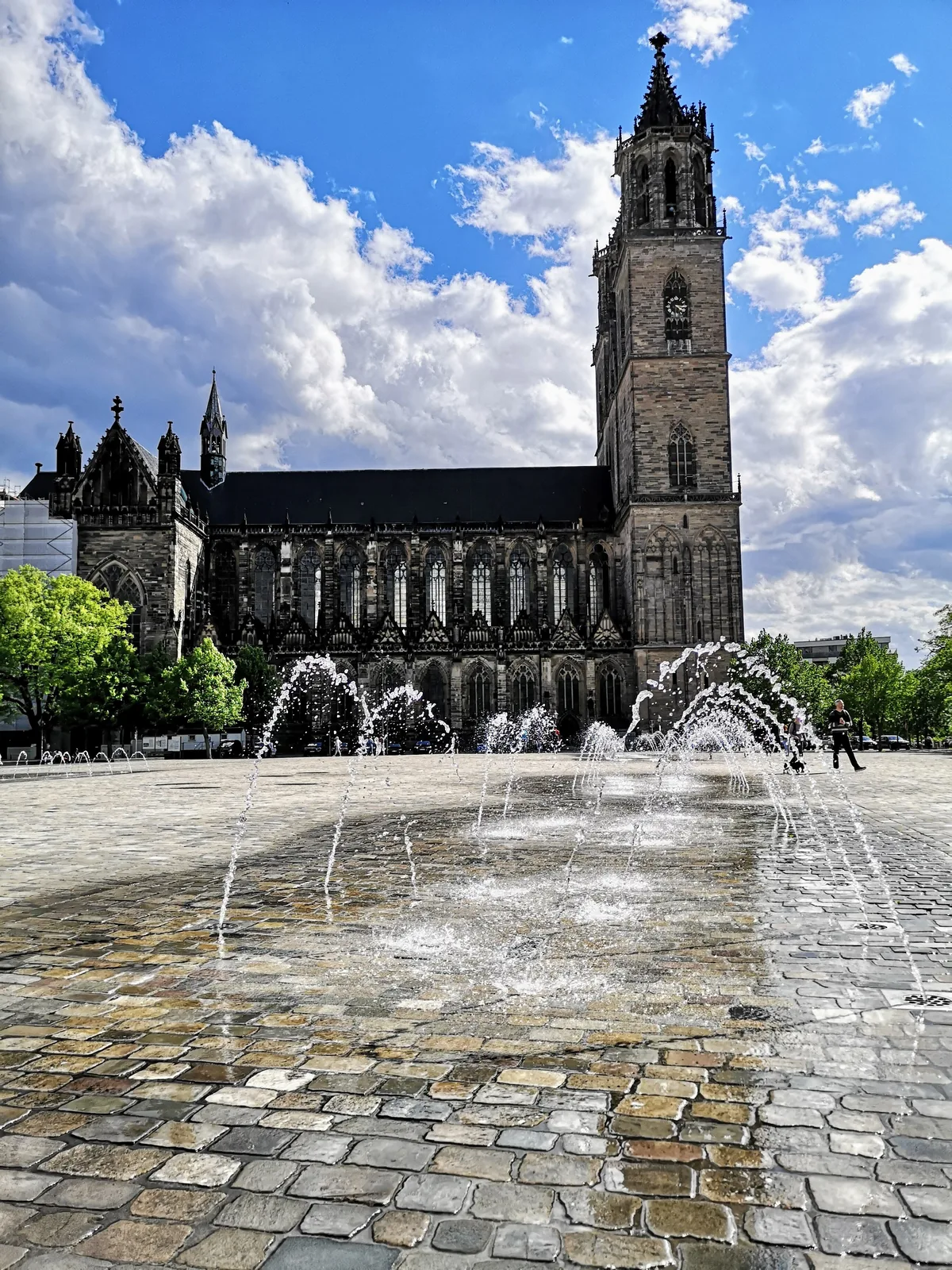 Der Magdeburger Dom mit den Wasserspielen auf dem Domplatz