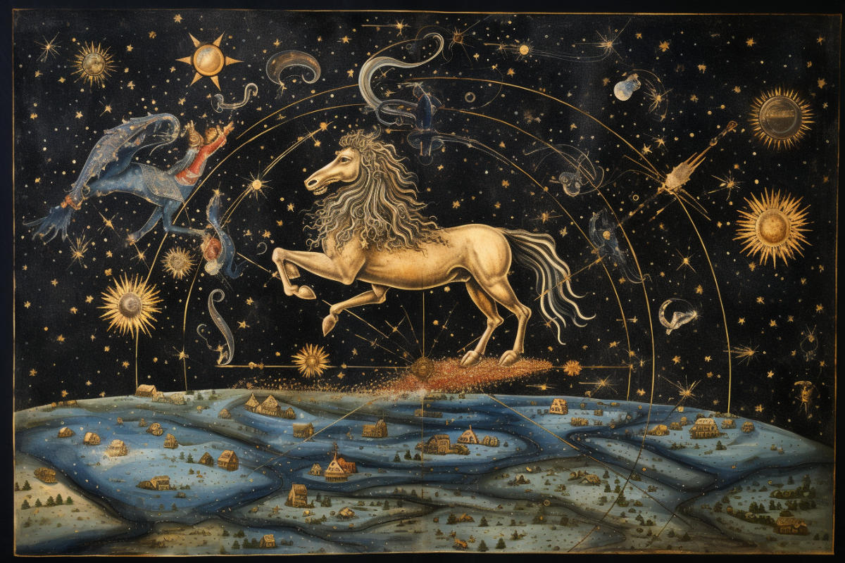 Sternbild des Nordens - Goldfarbene und phantasievolle Malerei einer Sternenkonstellation aus dem 16. Jahrhundert