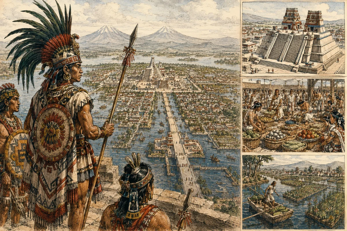 Historische Darstellung der aztekischen Hauptstadt Tenochtitlan um 1500 mit Aztekenkriegern im Vordergrund, Blick auf den Templo Mayor, Kanäle, Dämme und Chinampas im Tal von Mexiko. KI-generierte Rekonstruktion nach historischen Vorlagen.