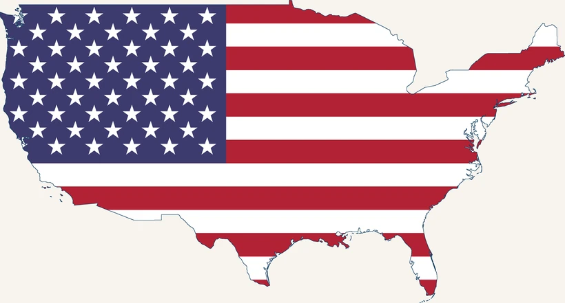 Umriss der zusammenhängenden US-Bundesstaaten, gefüllt mit der Flagge